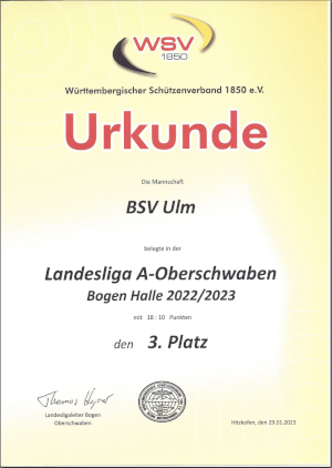 Urkunde 3. Platz Mannschaft BSV Ulm