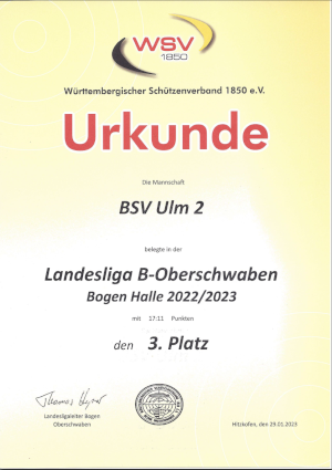 Urkunde 3. Platz Mannschaft BSV Ulm 2