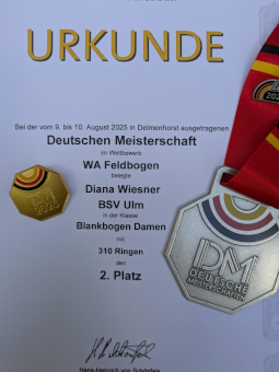 Urkunde für den 2. Platz auf der DM Feld für Diana Wiesner