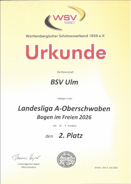 Urkunde des 2. Platzes für den BSV Ulm auf der Landesliag A im Freien 2026